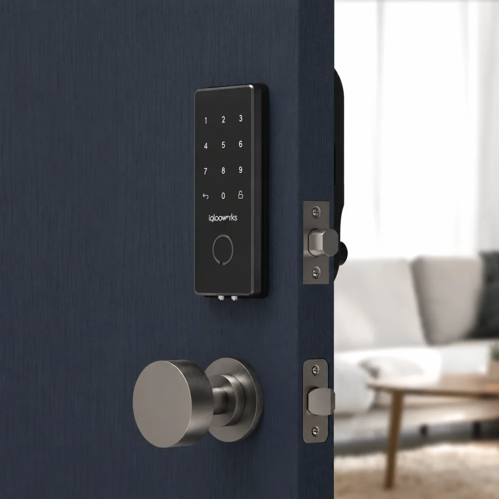 Keypad smart deadbolt with backup key fob and matching knob on a residential door