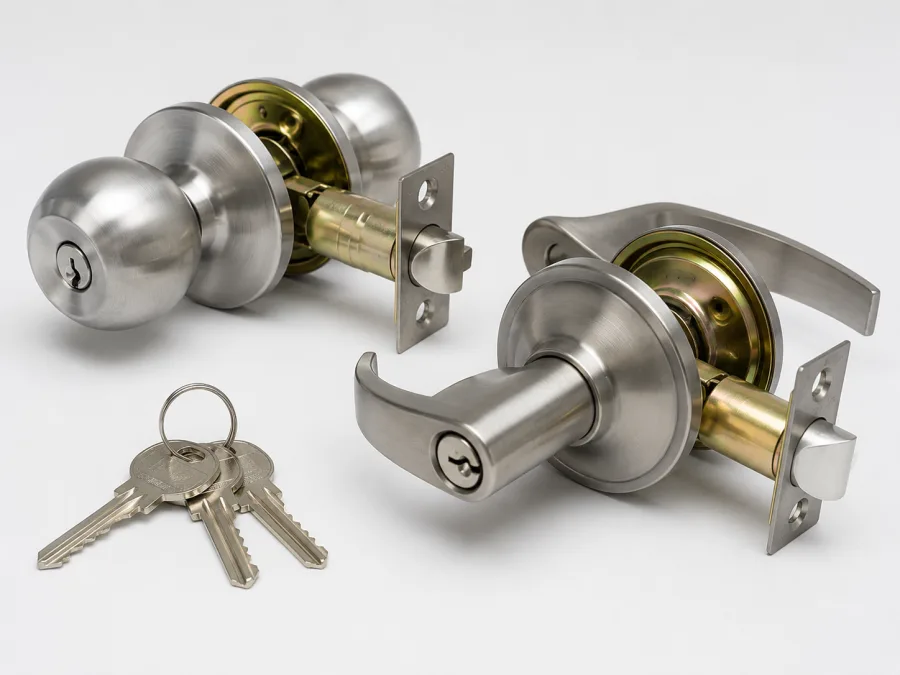 Satin nickel keyed entry door knob and lever lock sets with keys