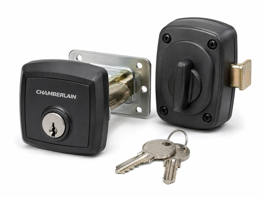 Black rim-mounted deadbolt lock with thumbturn and keys