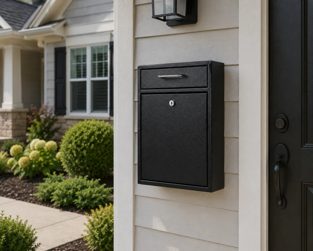 Black wall-mounted locking mailbox with a key cylinder beside a residential front door