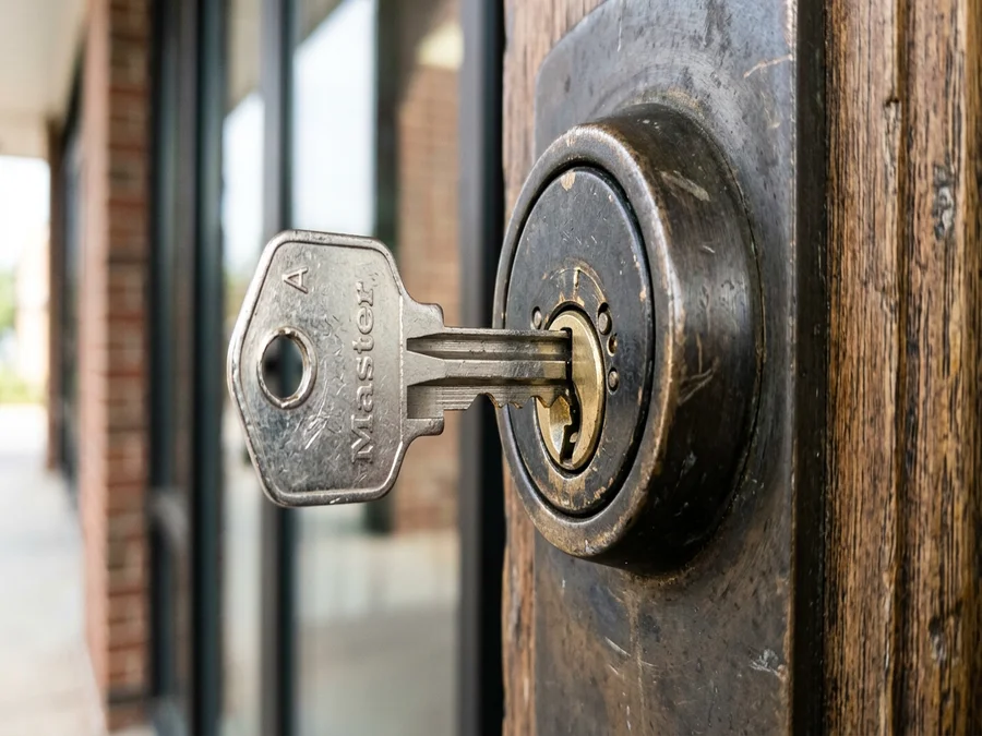 Single silver change key inserted into a commercial door deadbolt cylinder