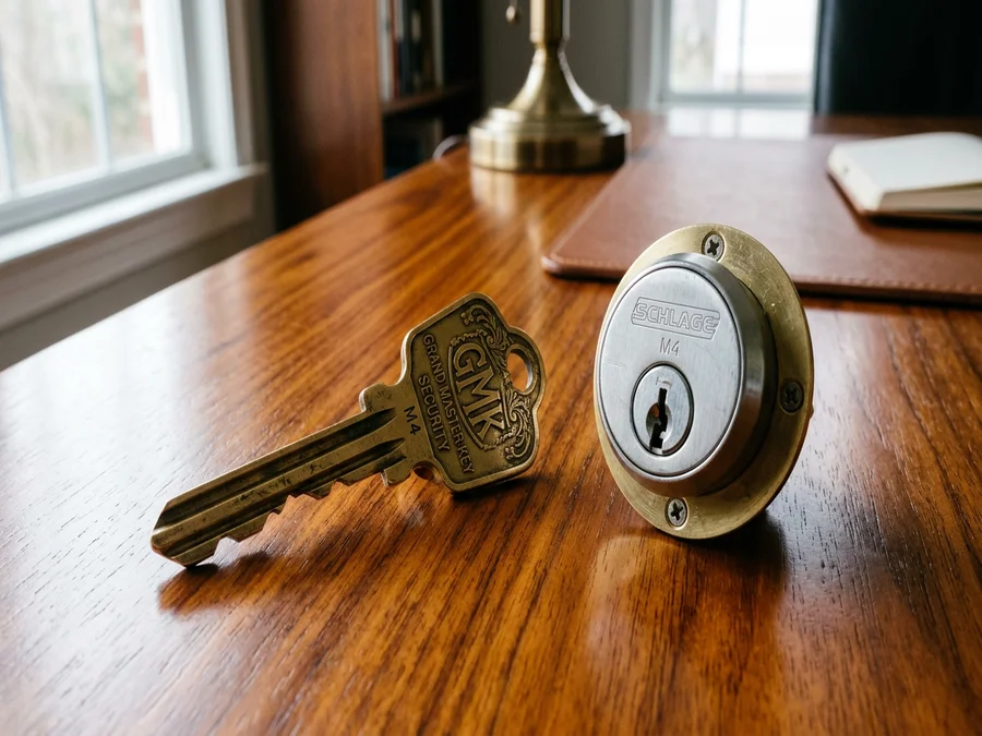 Brass grand master key on a wooden desk beside a commercial lock cylinder