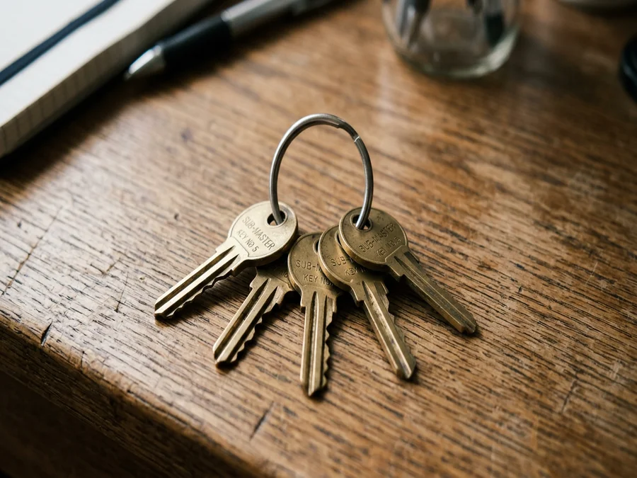 Ring of five matching sub-master keys on a metal key ring on a wooden desk