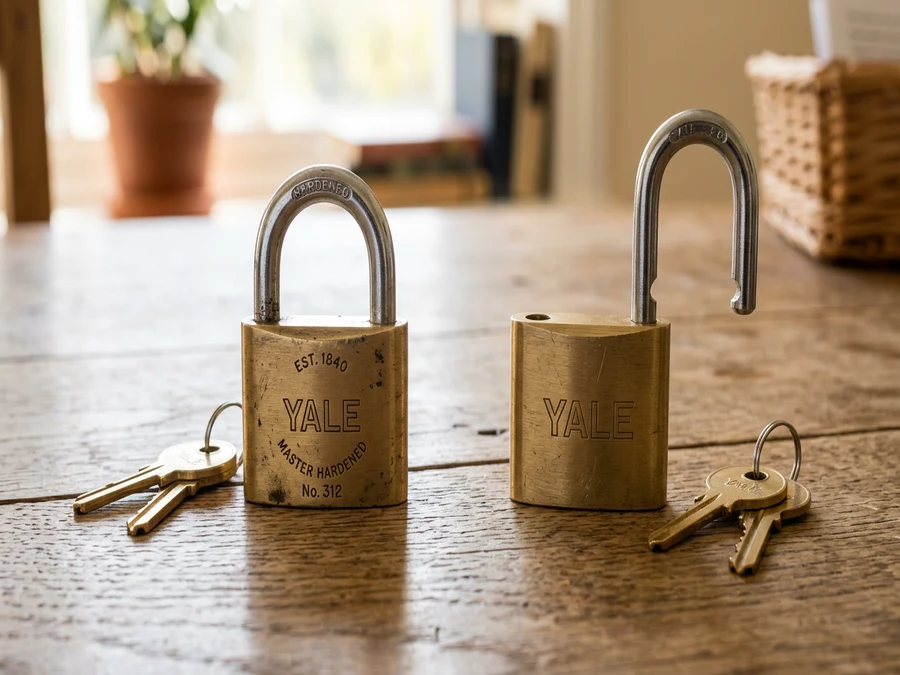 Brass padlock with two keys on a wooden table