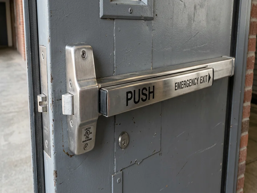 Heavy-duty mortise exit device panic bar on a commercial steel door