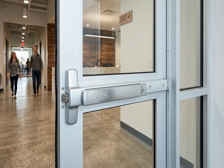 Silver push-bar rim exit device mounted on a commercial storefront door