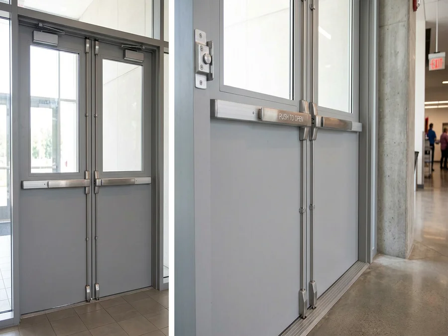 Panic bar vertical rod exit device on a double commercial door showing top and bottom rods