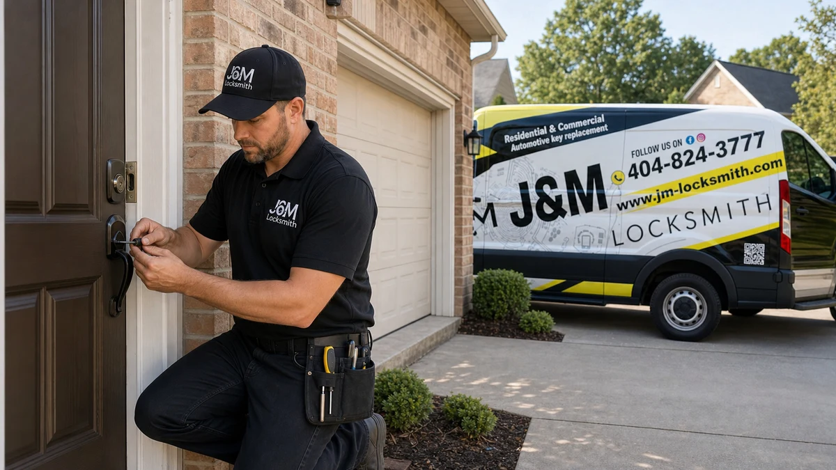 J&M Locksmith technician working on a residential door lock in Atlanta