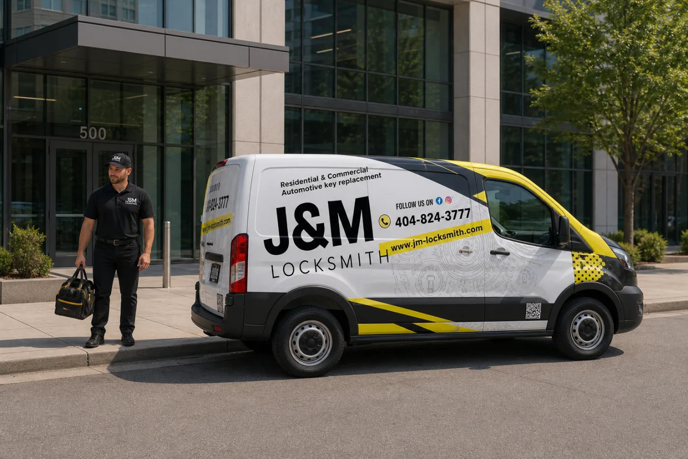 J&M Locksmith Commercial locksmith technician at work in Atlanta, GA