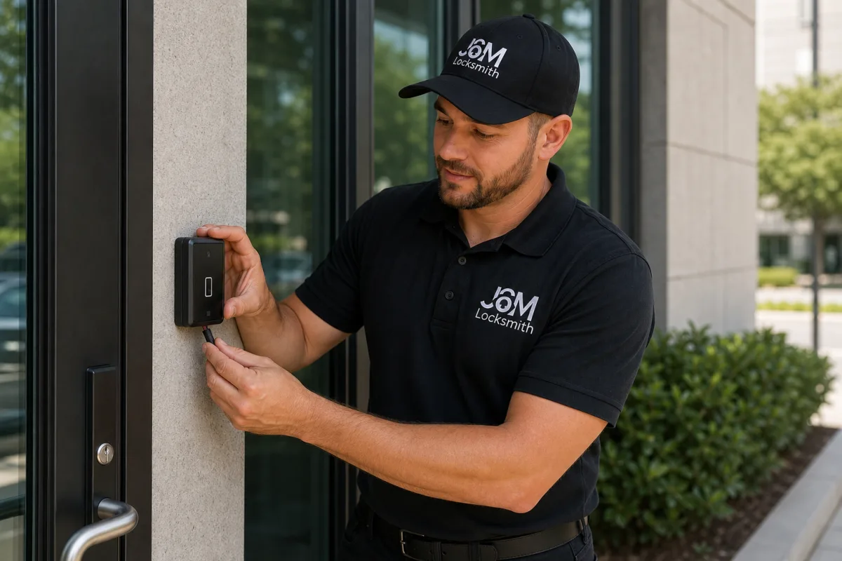 Photo: J&M technician installing a fob reader on a commercial door
