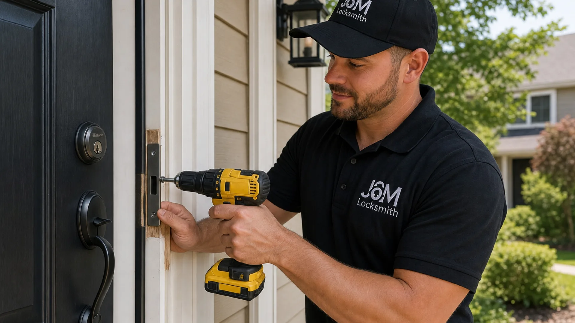 J&M Locksmith technician repairing a damaged door after a break-in