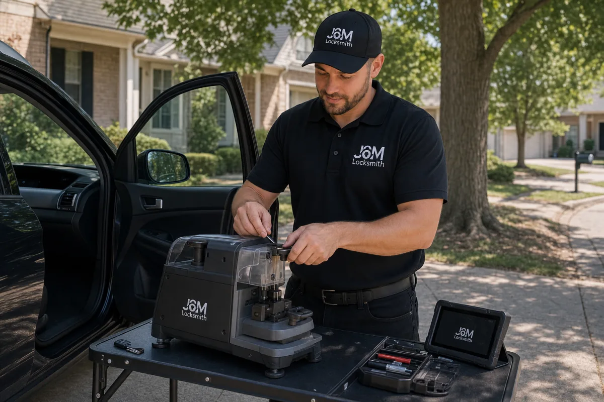 J&M Locksmith Automotive locksmith technician at work in Atlanta, GA
