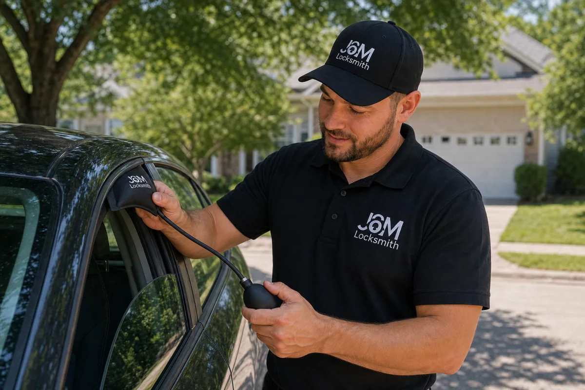 J&M Locksmith technician unlocking a car during a roadside lockout