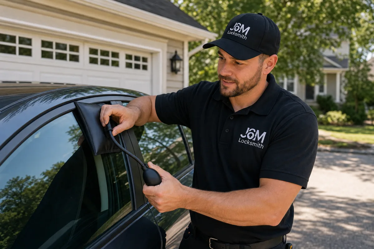 Photo: J&M technician opening a car door with automotive lockout tools