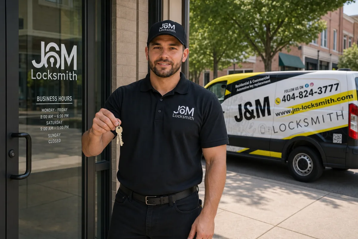 Photo: J&M technician opening a commercial storefront