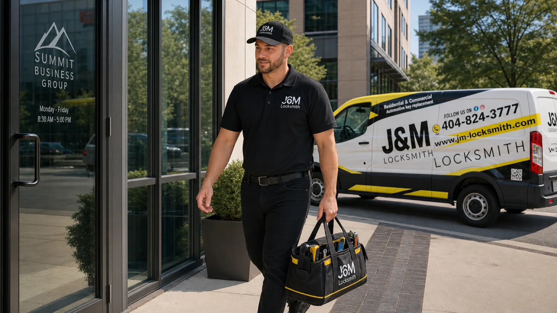 J&M Locksmith Commercial locksmith technician at work in Atlanta, GA