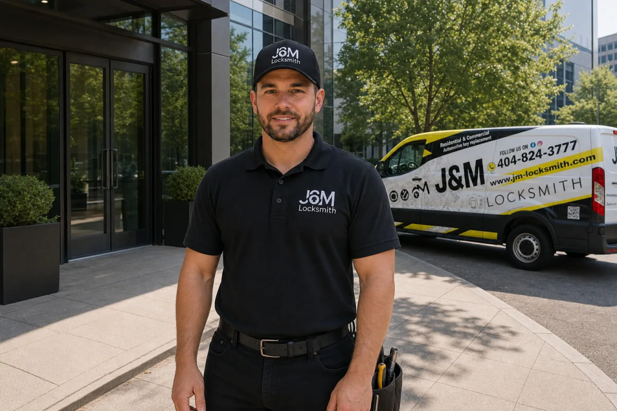 Photo: J&M technician at a commercial storefront door