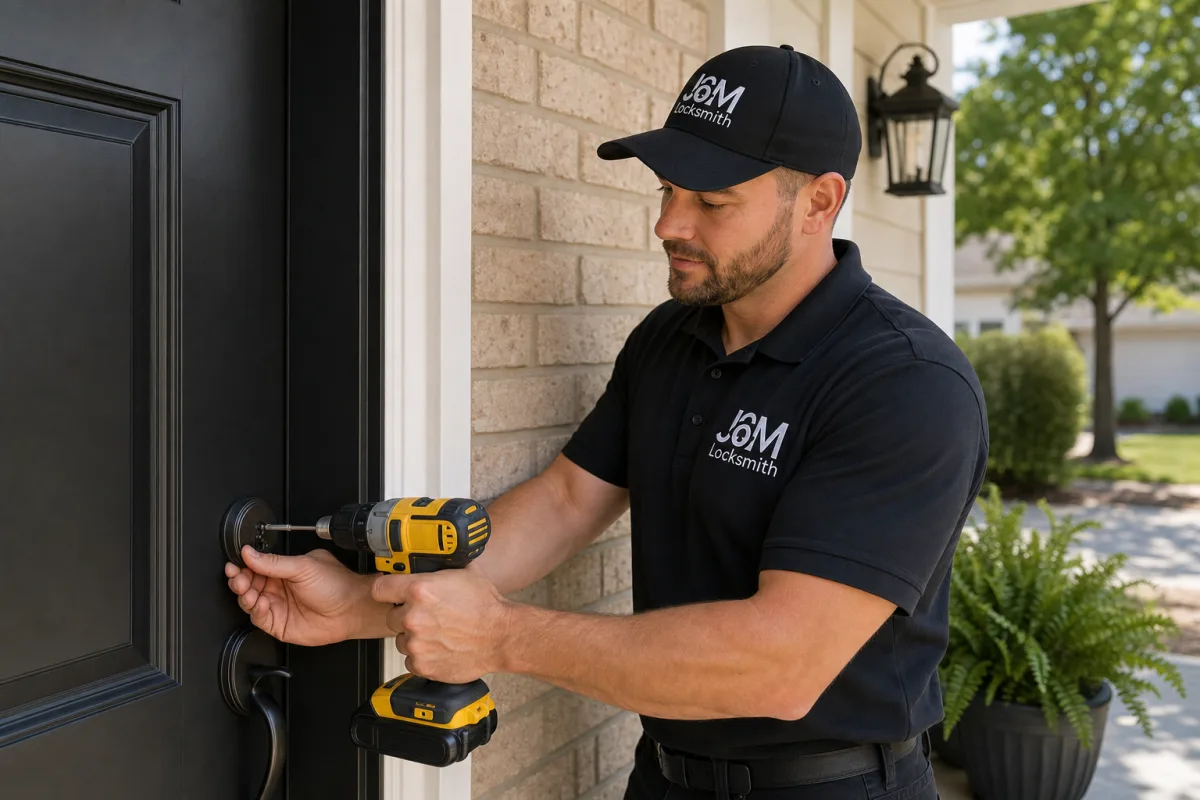 J&M Locksmith Residential locksmith technician at work in Atlanta, GA
