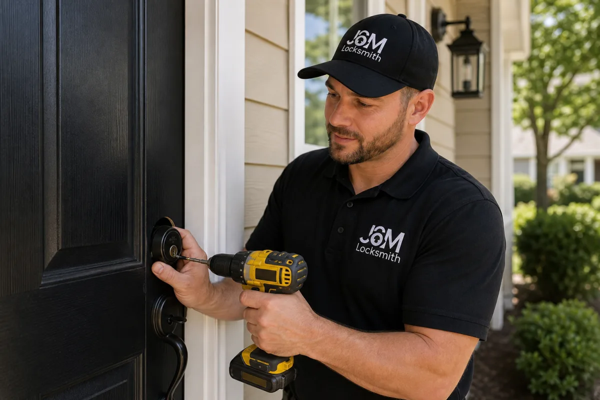 Photo: technician installing a deadbolt on a residential front door