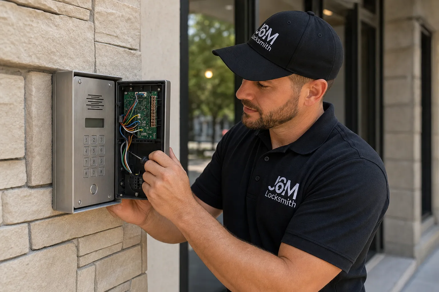 Photo: J&M technician installing a buzzer entry intercom on a commercial building door