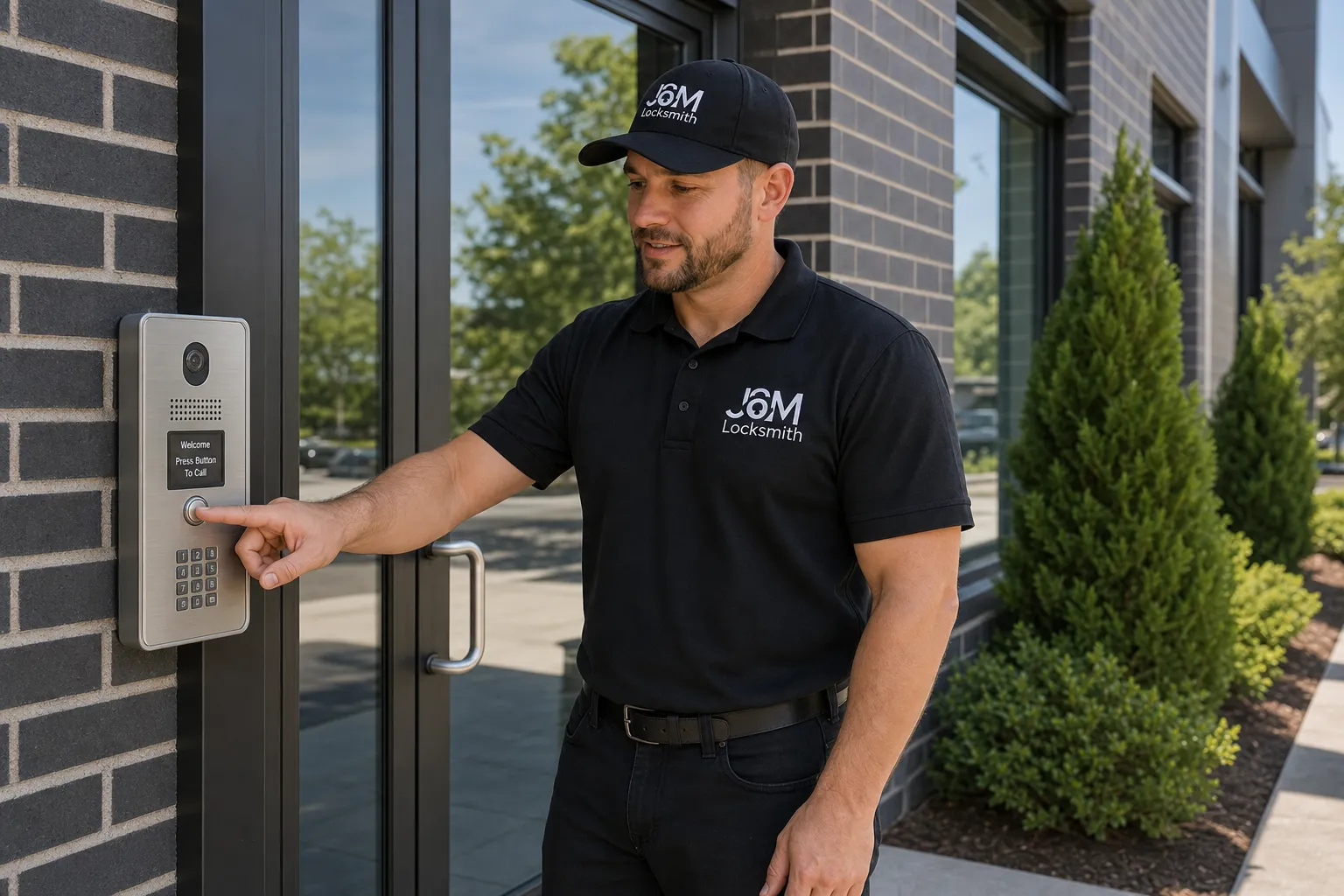 Photo: J&M technician wiring a buzzer entry system on a commercial door frame