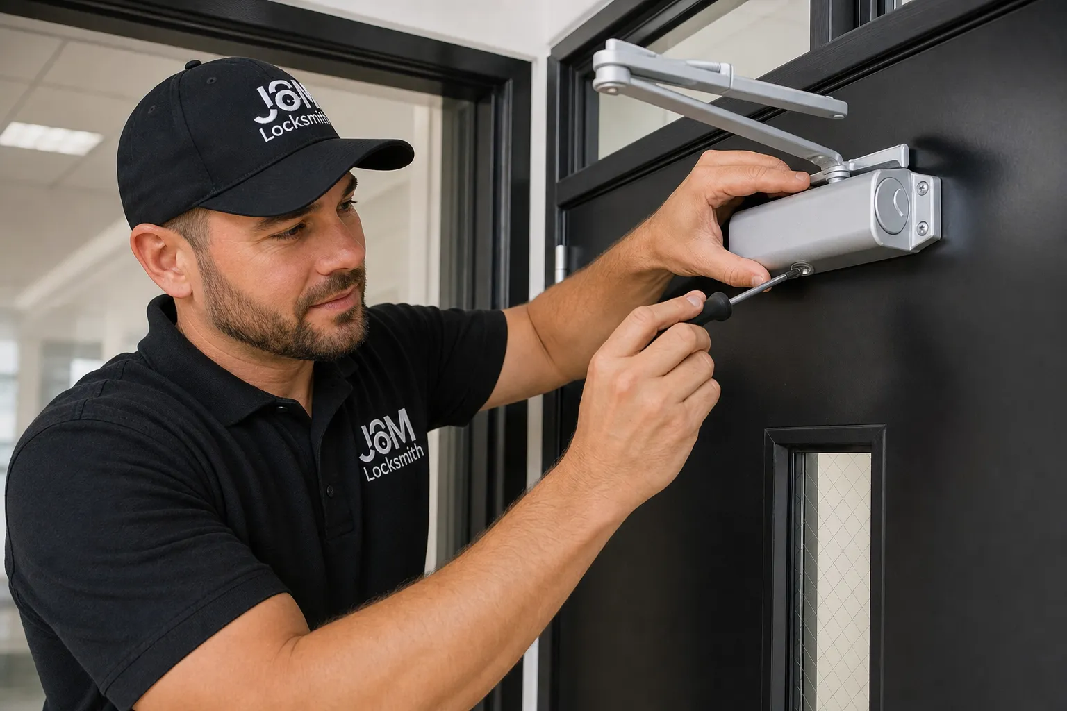 Photo: J&M technician adjusting a hydraulic door closer on a commercial steel door