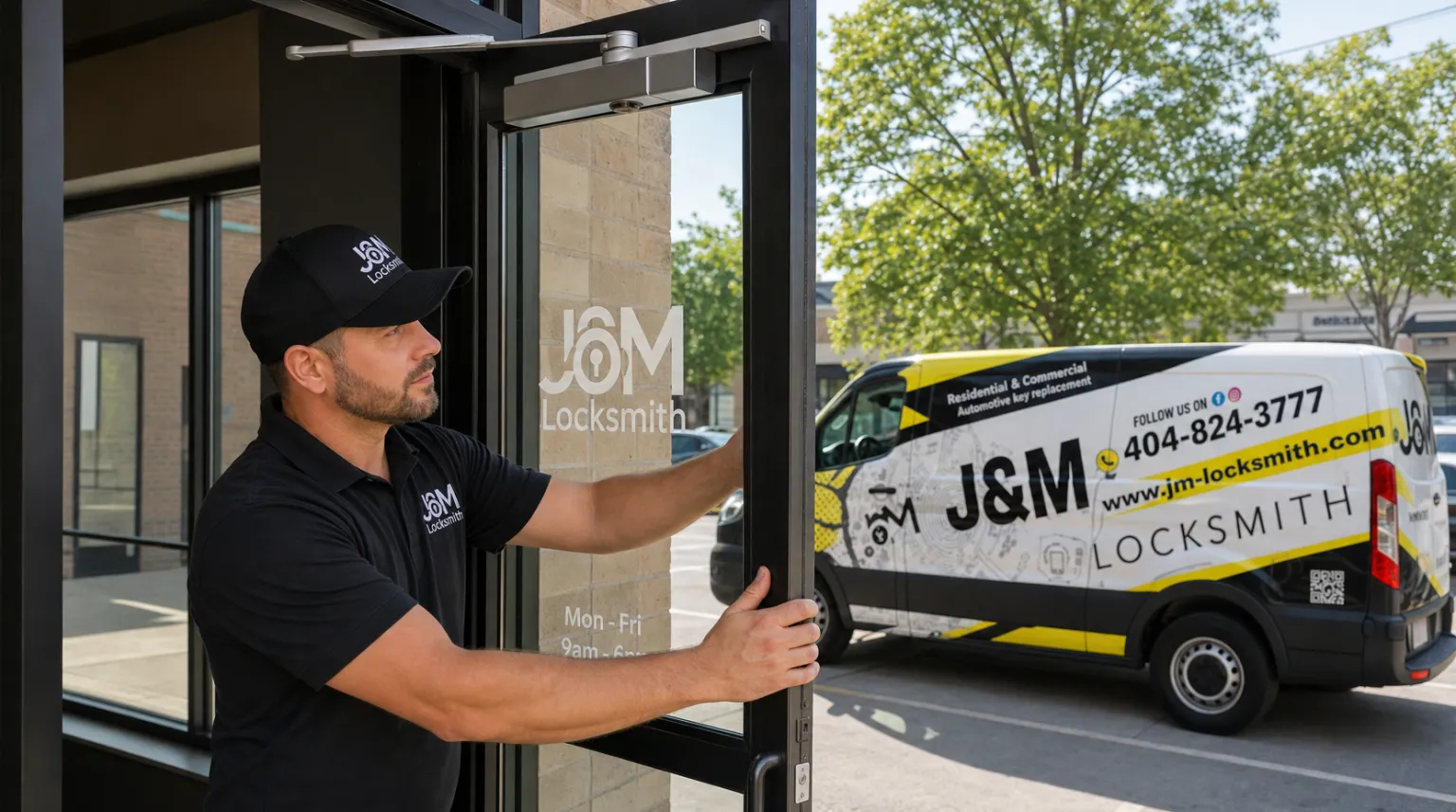 Photo: J&M technician replacing a door closer on a commercial steel door in Atlanta