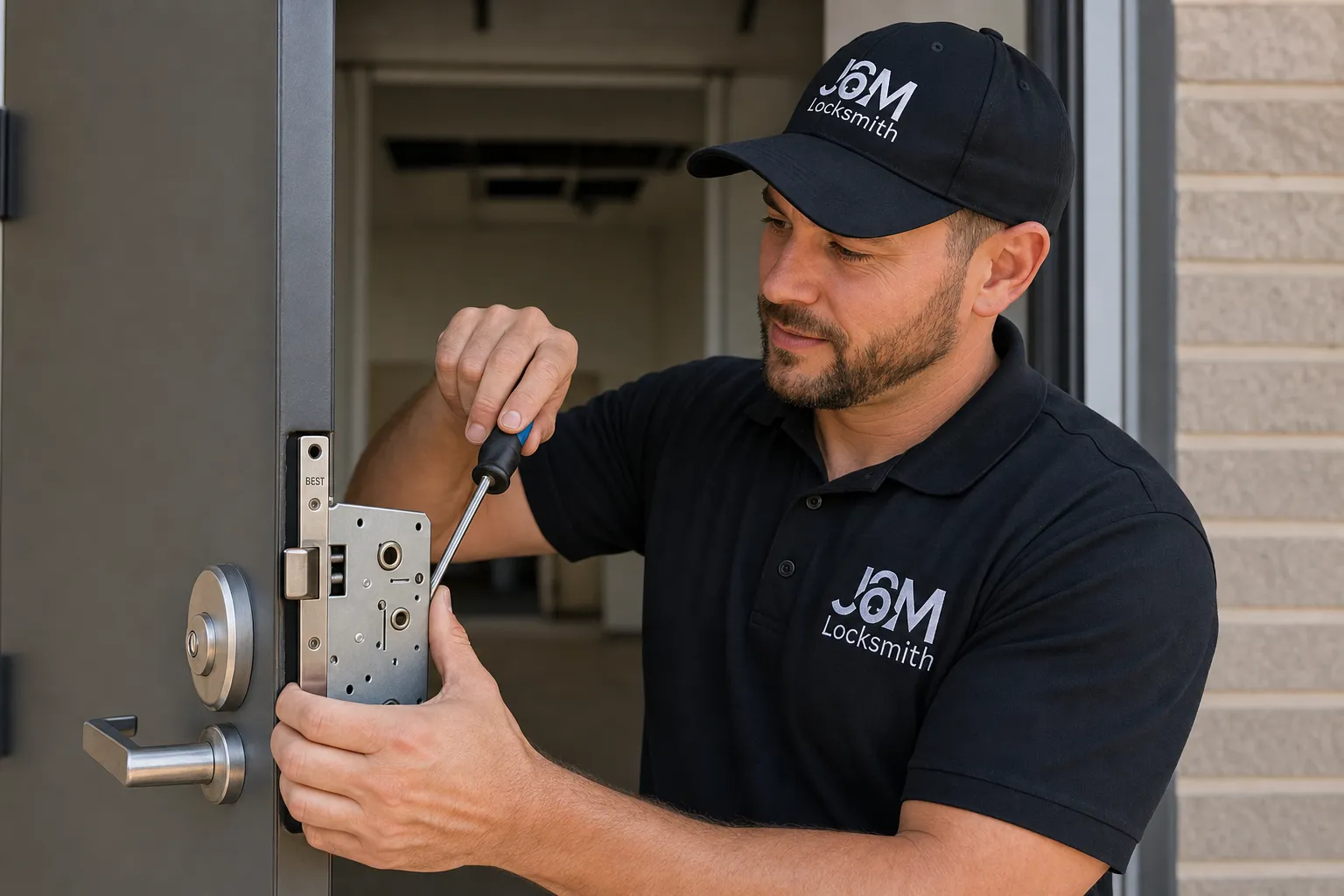 Photo: J&M technician installing a commercial steel door and frame