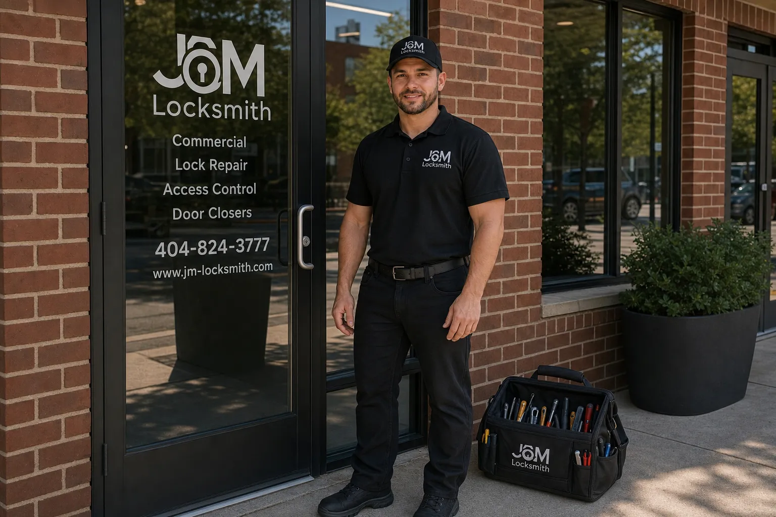 Photo: J&M technician repairing a commercial door closer on site