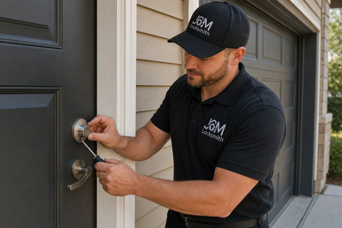 Photo: technician installing a deadbolt on a garage-to-home interior door