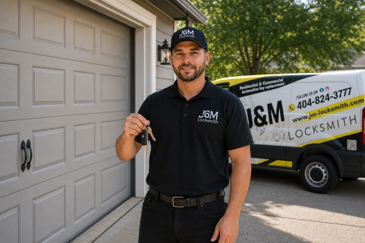 Photo: J&M technician installing a deadbolt on a garage interior door