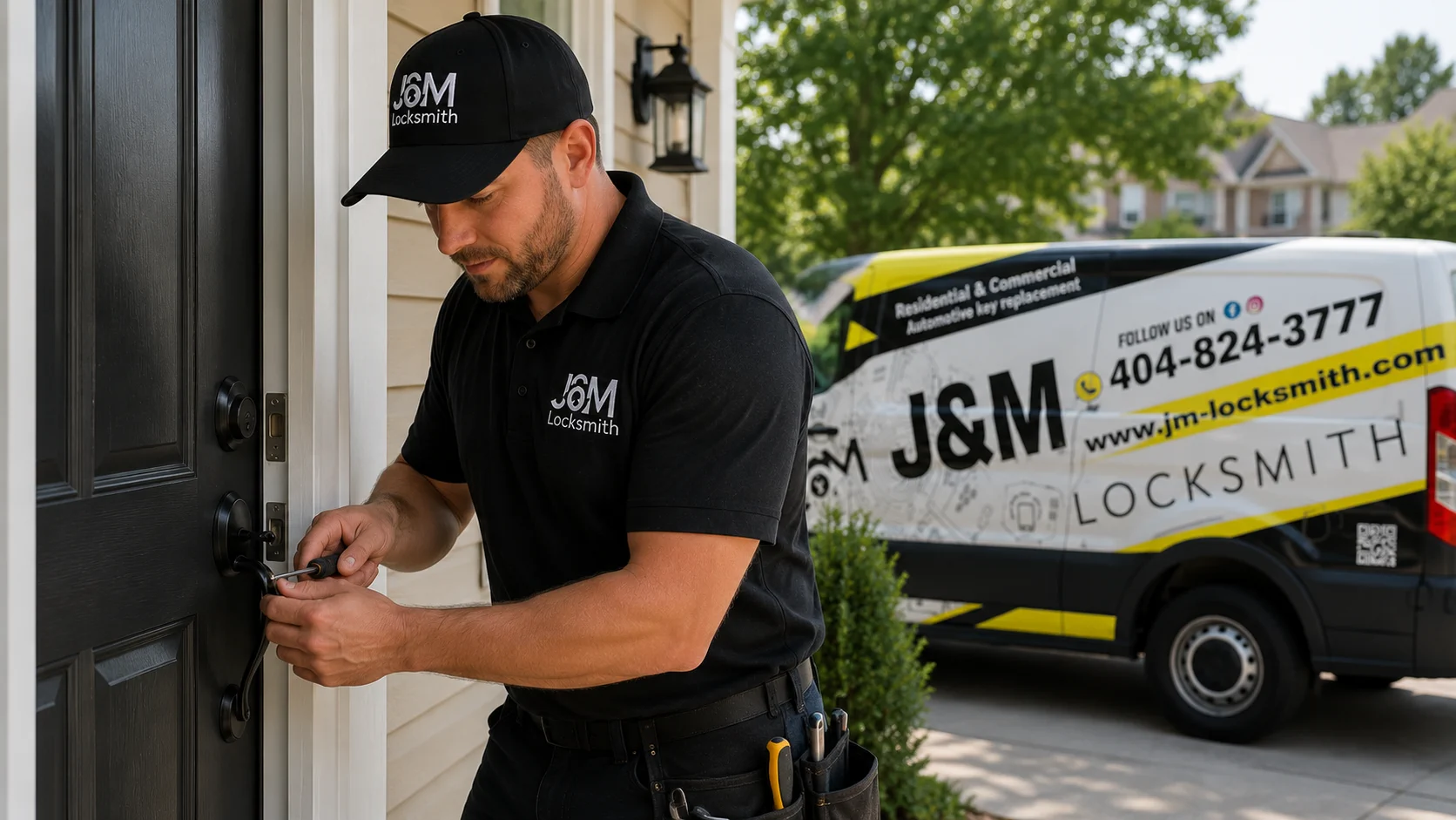 J&M Locksmith technician opening a home front door during a lockout