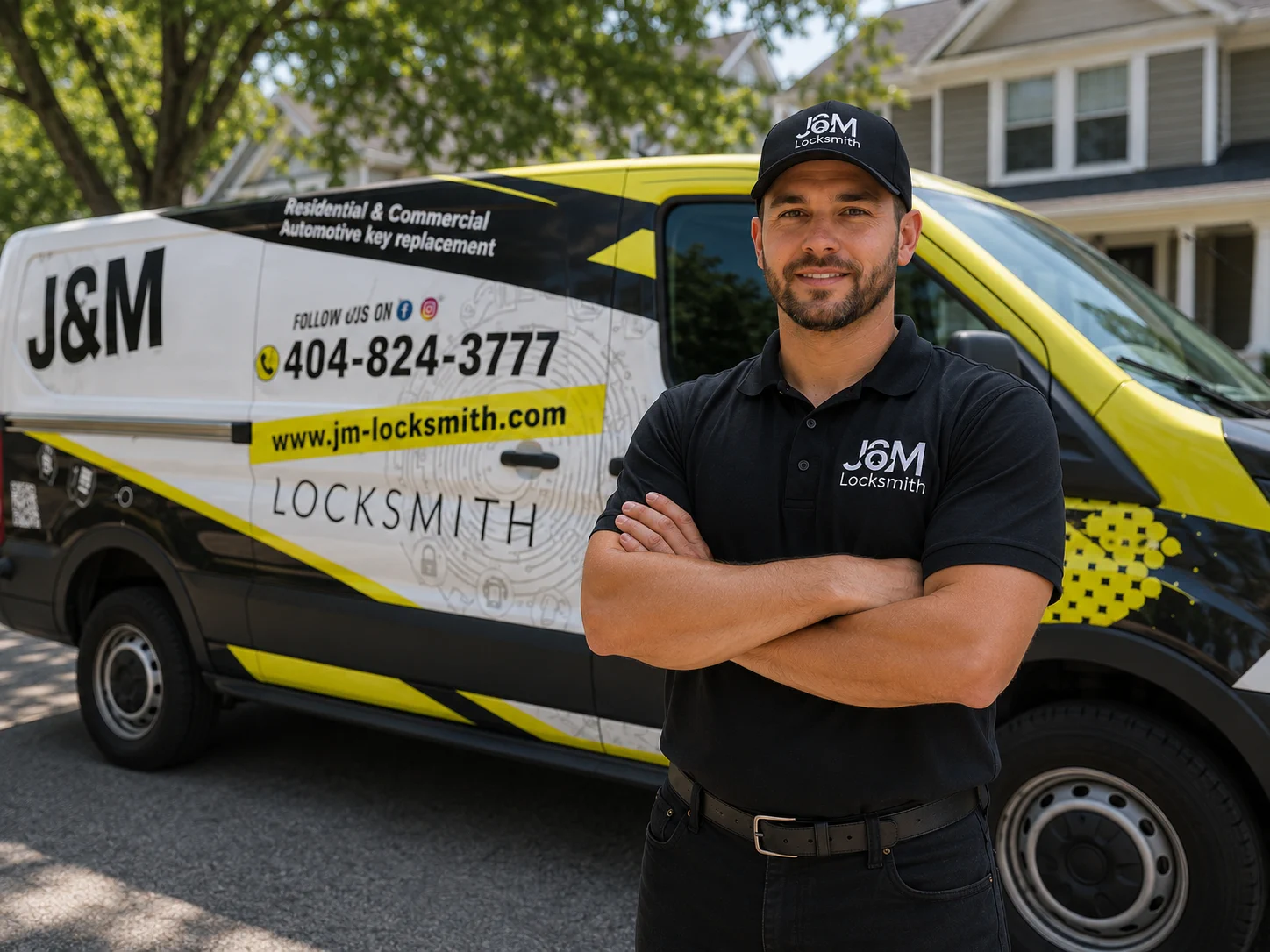 J&M Locksmith technician in uniform standing in front of a branded J&M service van in an Atlanta neighborhood