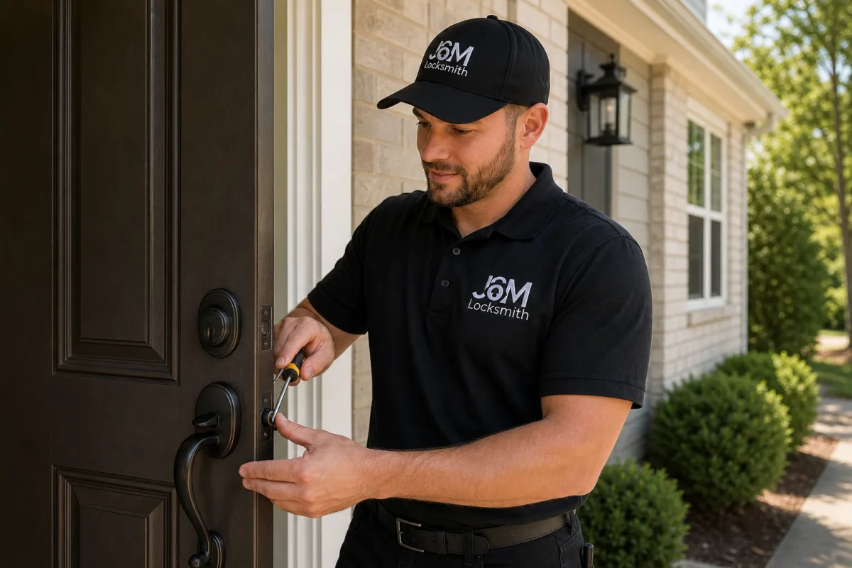 Photo: technician installing a new lock on a residential door