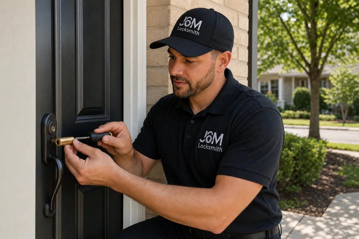 J&M Locksmith technician rekeying a door lock on site