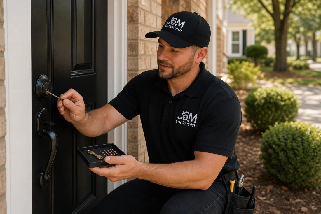 J&M Locksmith technician rekeying a deadbolt cylinder at an Atlanta home