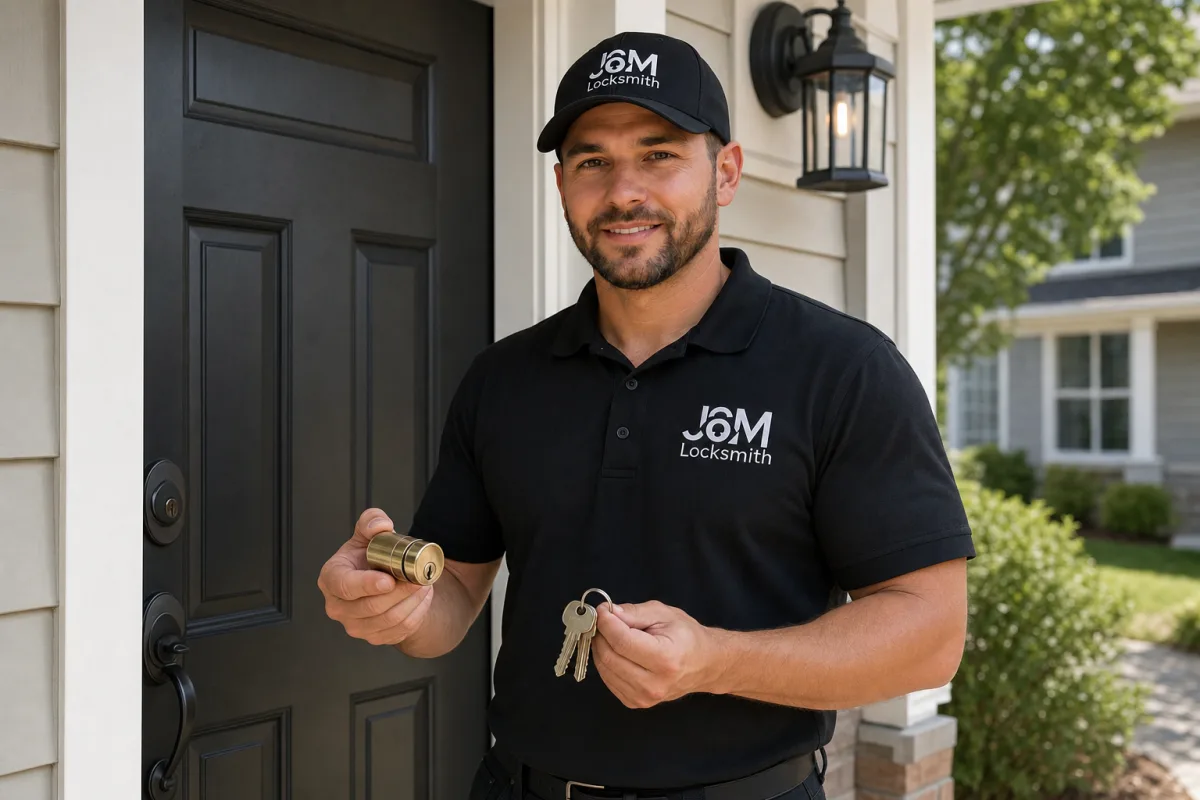Photo: J&M technician rekeying a lock at a home