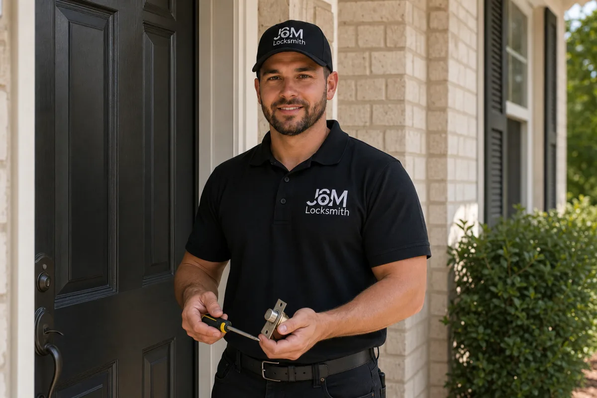 Photo: J&M technician diagnosing a door lock
