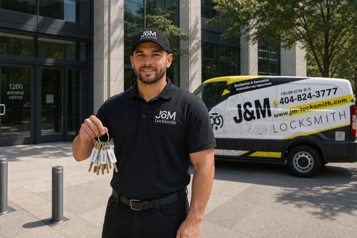 Photo: J&M technician working on a master key system at a commercial property