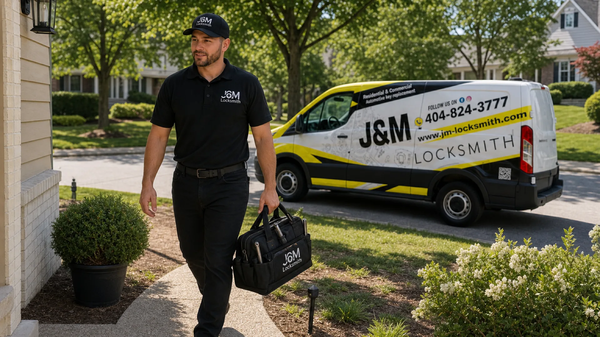 J&M Locksmith Residential locksmith technician at work in Atlanta, GA