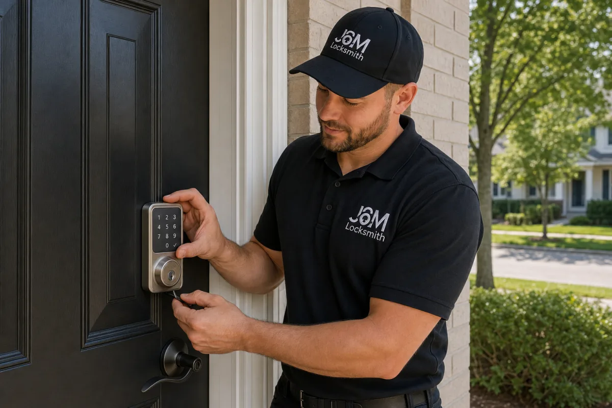 Photo: technician installing a smart lock on a front door in Atlanta