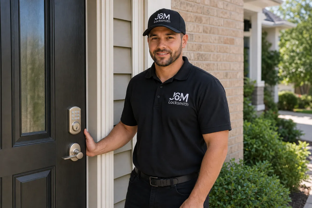 Photo: J&M technician installing a keypad lock on a front door