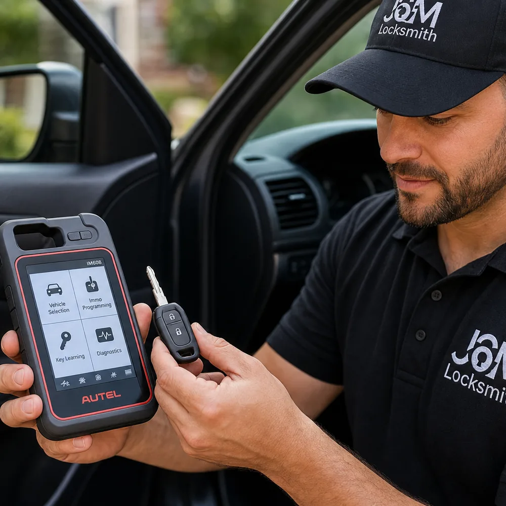 Photo: technician programming a transponder chip key at a vehicle on site