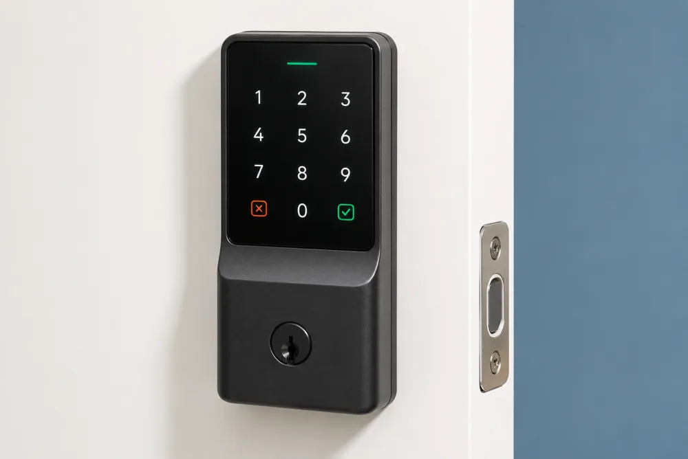 Black touchscreen keypad smart deadbolt with key cylinder mounted on a white door