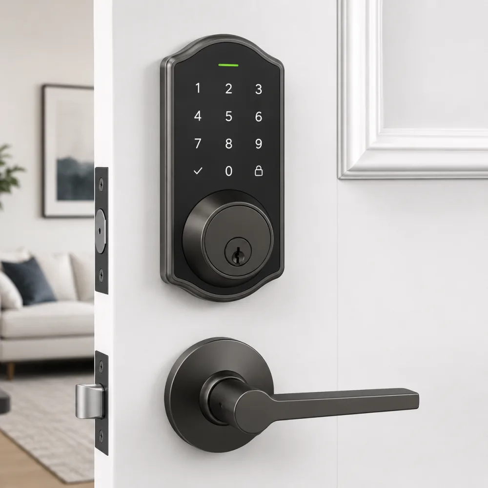 Black touchscreen keypad smart deadbolt above a matching lever handle on a white front door