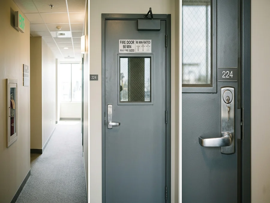 Commercial steel fire-rated office door with heavy-duty mortise lock and lever handle in a hallway