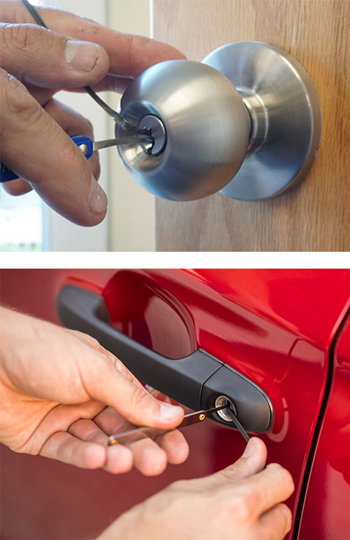 image of a commercial door lock (top) and an automotive door lock being picked (bottom)