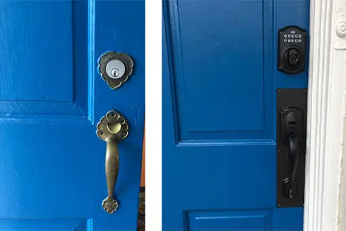 Before and after comparison of a blue front door showing old brass hardware replaced with modern matte black Schlage keypad deadbolt and handleset